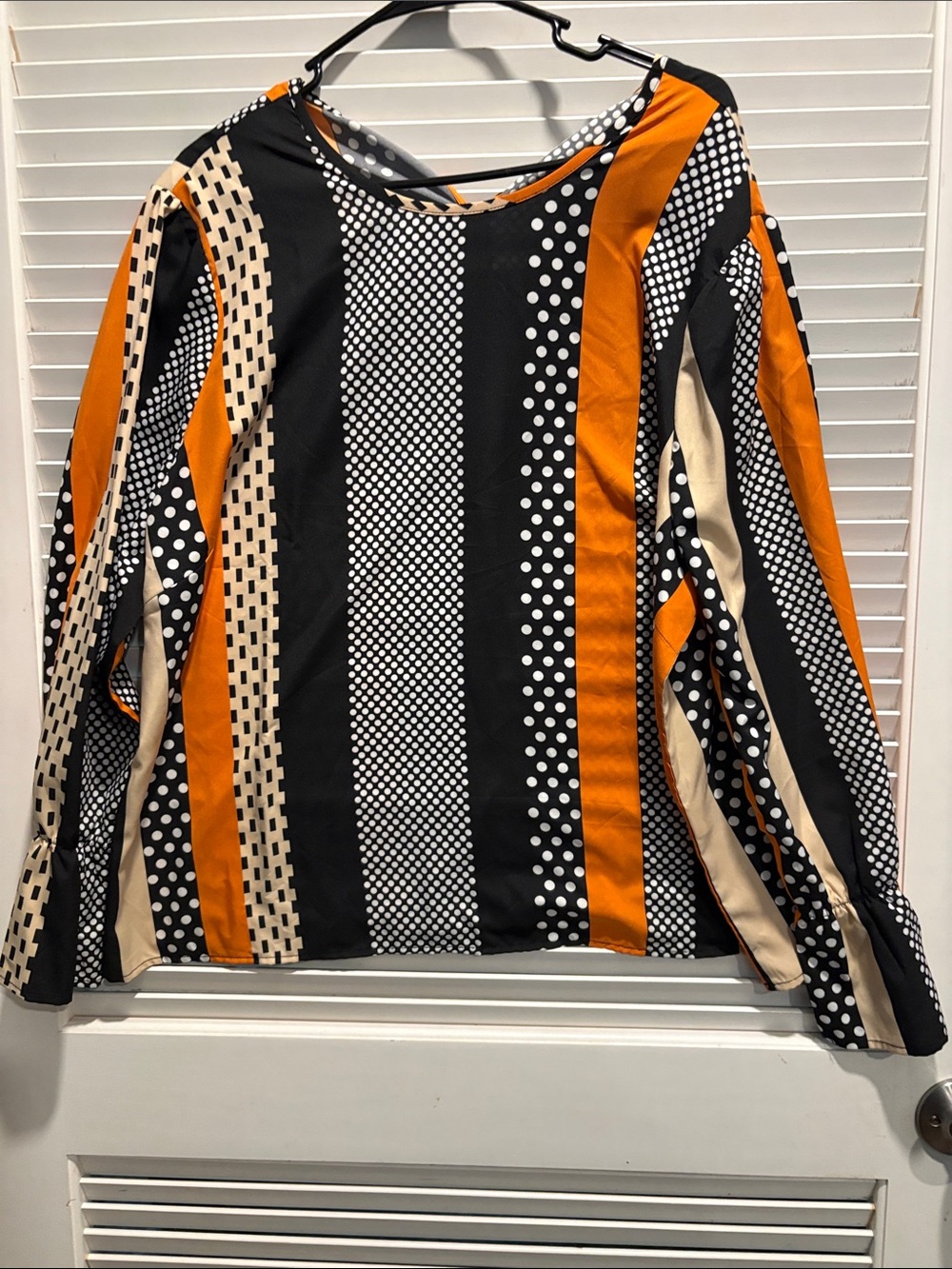 Striped Polka Dot Long Sleeve Blouse - Orange/Black/Cream